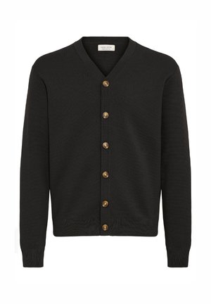 Zwarte cardigan van gestructureerde gebreide stof; heeft een V-hals, knoopsluiting met goudkleurige knopen en geribde manchetten en zoom.