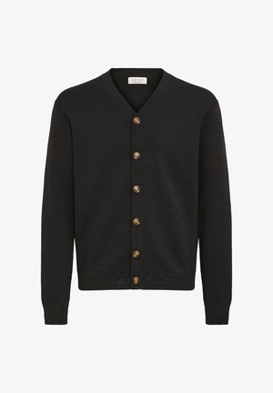 Zwarte cardigan van gestructureerde gebreide stof; heeft een V-hals, knoopsluiting met goudkleurige knopen en geribde manchetten en zoom.