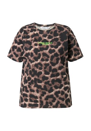 Short-sleeve cotton t-shirt featuring a brown and black leopard print pattern with a green "STUDIO UNTOLD EST. 2015" logo on the front.