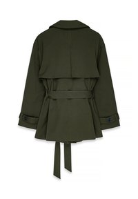 Olive green trench coat featuring a belted waist, collar, and layered design at the back with buttoned cuffs. Smooth fabric texture.