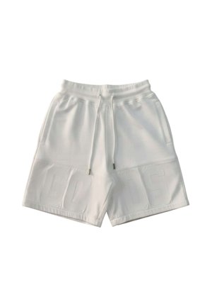 Shorts bianchi con coulisse, tasche laterali e scritte sottilmente ricamate vicino all'orlo inferiore su entrambe le gambe.