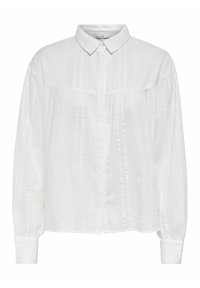 Vit långärmad skjorta med knapp-up krage, med vertikala strukturerade ränder och manschetter. Tillverkad av lätt tyg.