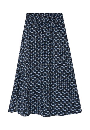 Falda midi negra con estampado floral azul y blanco y cinturilla elástica fruncida.