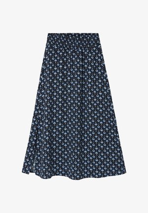 Falda midi negra con estampado floral azul y blanco y cinturilla elástica fruncida.