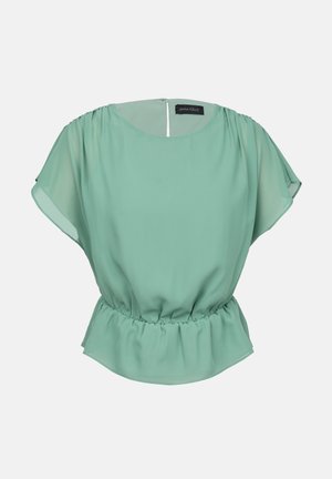 Blusa verde menta realizzata in tessuto leggero e fluido. Presenta un collo rotondo, maniche corte e una vita arricciata per una vestibilità morbida.