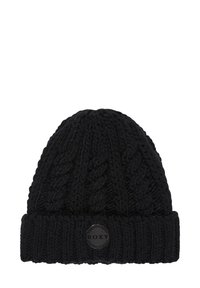 Black knitted beanie with a thick ribbed cuff, featuring a textured cable pattern and a circular black logo patch labeled "ROXY."