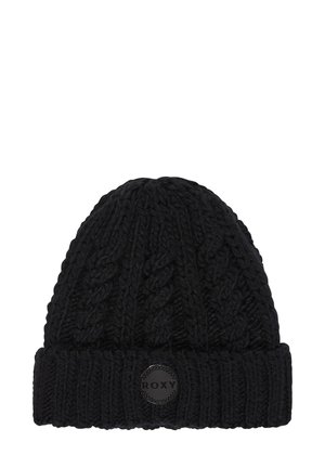 Black knitted beanie with a thick ribbed cuff, featuring a textured cable pattern and a circular black logo patch labeled "ROXY."