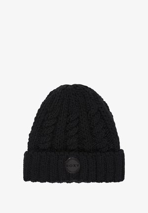 Schwarze gestrickte Mütze mit einem dicken gerippten Bündchen, ausgestattet mit einem strukturierten Kabelmuster und einem runden schwarzen Logo-Patch mit der Aufschrift "ROXY".