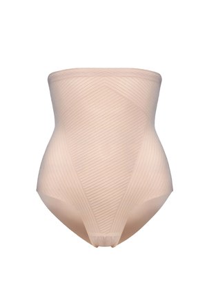 Hoch taillierter Shapewear-Slip in Nude mit diagonalem Rippenmuster, entworfen zur Körperkonturierung und Glättung.