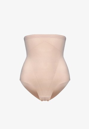 Hoch taillierter Shapewear-Slip in Nude mit diagonalem Rippenmuster, entworfen zur Körperkonturierung und Glättung.