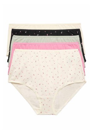 Stak af fem bomuldstrusser med høj talje til kvinder i creme med lyserøde blomster, ensfarvet lyserød, grå, sort med små blomster og beige.
