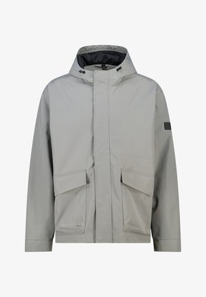 Light grey hooded jacket, featuring a front zip closure, two large flap pockets, and a black inner lining. Waterproof material.