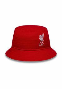Roter Bucket Hat aus Baumwolle mit breiter Krempe, auf der Vorderseite mit einem gestickten weißen Logo des Liverpool FC. Flaches Kronendesign.