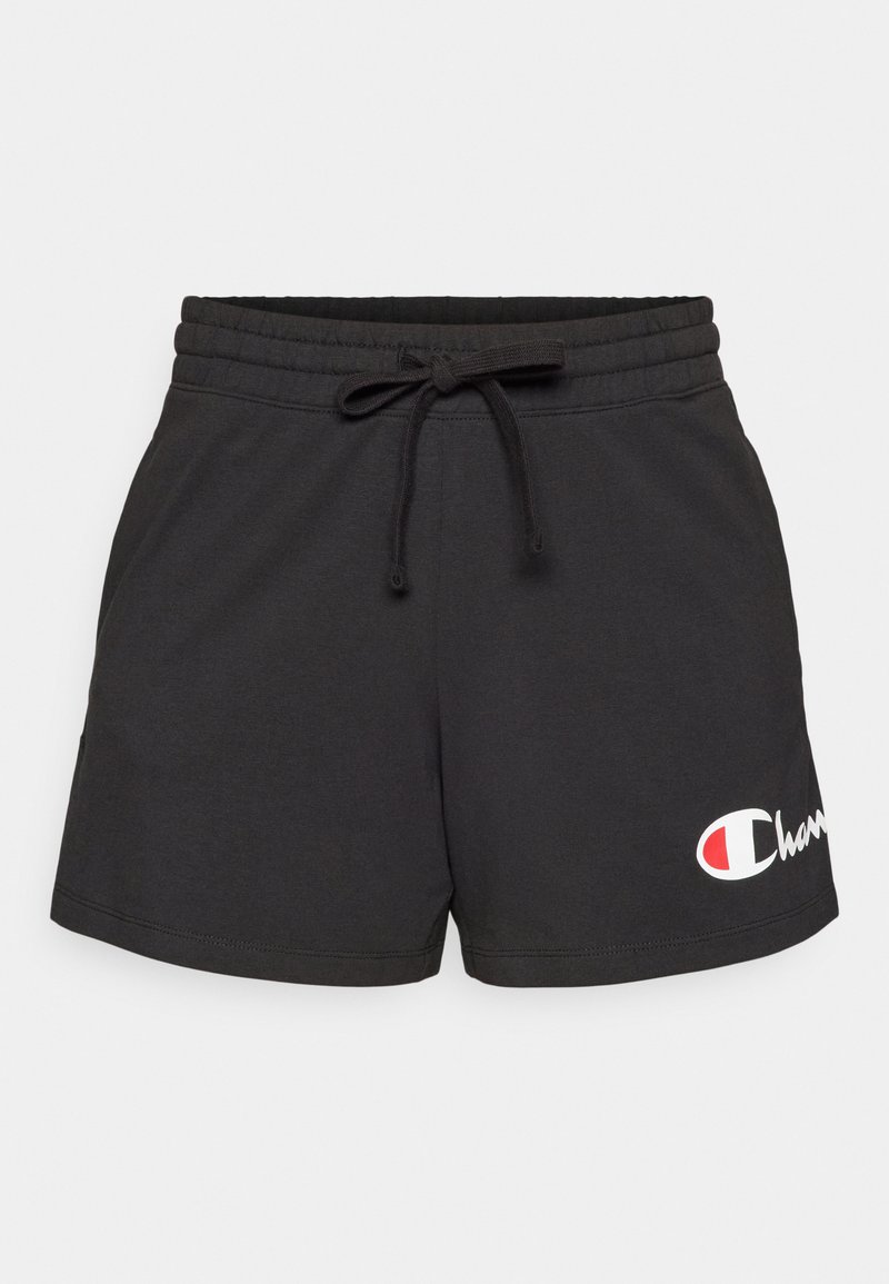 Shorts neri in cotone con vita elastica e coulisse. Presenta un logo bianco e rosso sul lato sinistro in basso. Texture liscia.