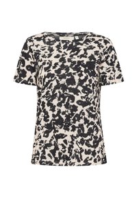 Must ja beež lühikeste varrukatega t-särk, millel on abstraktne loomamustri print, ümar kaelus ja pehme puuvillasegu kangas.