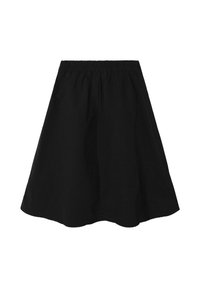 Jupe noire en tissu lisse, dotée d'une taille élastique, d'une coupe évasée et d'une longueur arrivant au milieu du mollet.