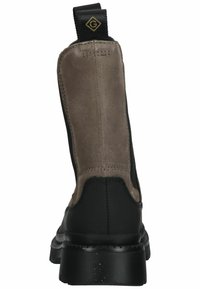 Black and gray ankle boot with smooth leather and suede texture, elastic side panels, and a rounded toe; featuring a pull tab on the heel.