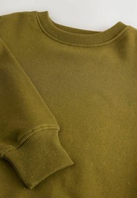 Olivengrøn sweatshirt med en struktureret overflade, ribbet rund halsudskæring og ærmer, der har et spraglet mønster af røde og blå pletter.