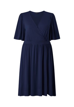 Marineblå knælængde kjole med V-udskæring, omslagsstil overdel, indsamlet talje og albuelange flagrende ærmer.
