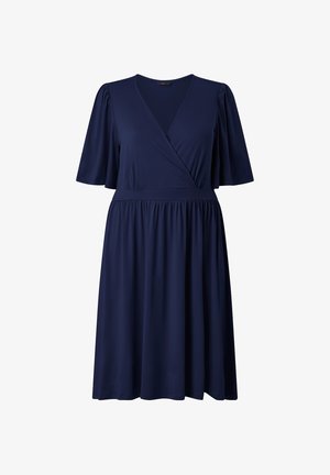 Marineblå knælængde kjole med V-udskæring, omslagsstil overdel, indsamlet talje og albuelange flagrende ærmer.