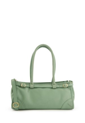 Grüne Lederhandtasche mit zwei kurzen Griffen und einem verstellbaren Schultergurt. Ausgestattet mit goldenen Beschlägen und einer strukturierten Oberfläche.