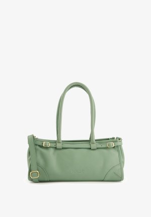 Zelená kožená kabelka s dvěma krátkými uchy a nastavitelným ramenním popruhem. Obsahuje zlaté kování a texturovaný povrch.