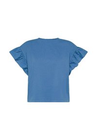 T-shirt in cotone blu con maniche corte arricciate e vestibilità rilassata. Texture liscia con un design semplice, senza pattern o accentuazioni aggiuntive.