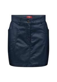 Granatowa spódnica dżinsowa z przodu z kieszeniami, zapięciem na guziki i ozdobnymi przeszyciami. Gładka tekstura i dopasowany krój.