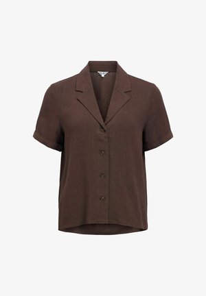 Brun kortermet skjorte med knappelukking og krage, med fire knapper, laget av et teksturert stoff.