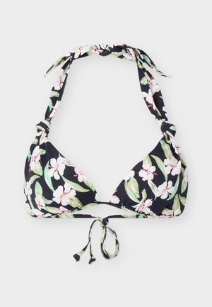 Haut de bikini noir avec motif floral blanc et rose, col licou et liens au dos, posé à plat sur un fond clair.