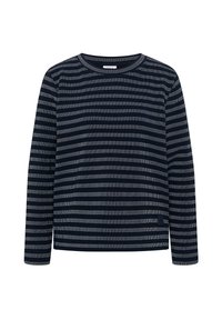 Chemise à manches longues bleu marine avec des rayures horizontales blanches. Encolure ronde, coupe décontractée, tissu doux, avec un petit détail de logo à l'ourlet.