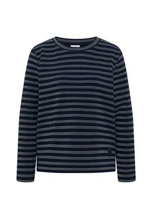 Laivastonsininen pitkähiha-paita, jossa valkoiset vaakaraitoja. Pyöreä pääntie, rento istuvuus, pehmeä kangas ja pieni logodetalji helmassa.