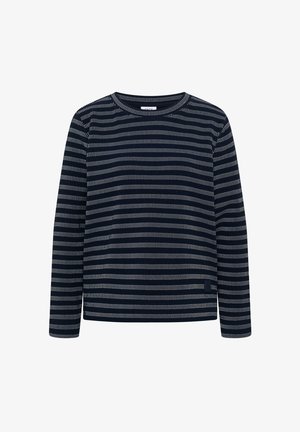 Granatowa koszula z długim rękawem z białymi poziomymi paskami. Okrągły dekolt, luźny krój, miękka tkanina i drobny detal z logo na dole.