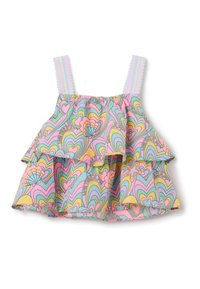 Bunt gemusterte Rüschenshirt mit pastellfarbenen Herzen und Sternen. Hergestellt aus leichtem Stoff mit verstellbaren Trägern und einem gerafften Bund.