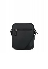 Borsa a tracolla nera in nylon con forma quadrata, dotata di tasca frontale con zip, cinturino regolabile e finitura texturizzata delicata.