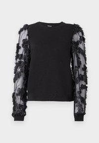 Sudadera negra con mangas largas transparentes adornadas con aplicaciones florales negras. Presenta un cuello redondo clásico y puños acanalados.