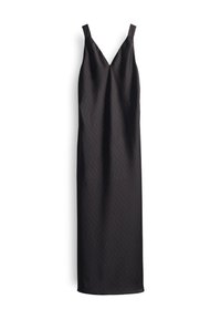 Schwarzes V-Ausschnitt-Kleid mit schmalen Trägern, knielang, aus glattem Stoff mit feiner Textur, das eine fließende, figurbetonte Silhouette bietet.