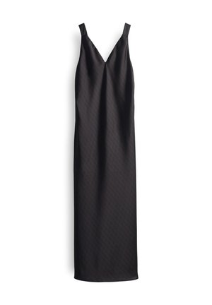 V-neck black dress with narrow straps, knee-length, made of smooth fabric with subtle texture, featuring a flowing, fitted silhouette.