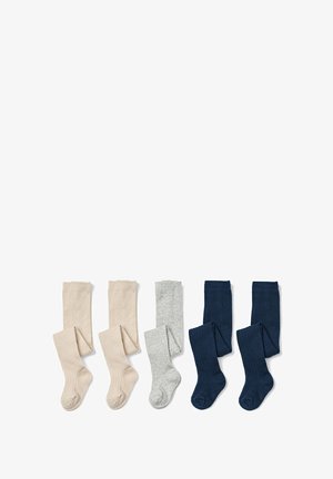 Four pairs of tights: beige, grey, dark blue; soft, stretchy fabric; two design variations: full-length and knee-high.