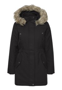 Parka noire avec capuche en fausse fourrure. Dispose de poches latérales, d'une taille élastique et de détails à boutons-pression. Texture lisse et design longueur genou.