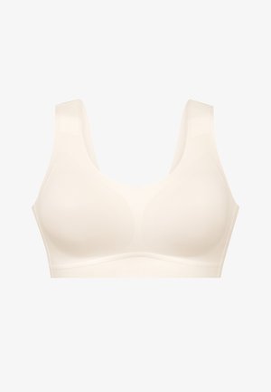 Weißer kabelloser BH mit breiten Trägern, nahtlosem Design und dezentem Muster. Weiche Stoffkonstruktion mit glatter Oberfläche und ohne zusätzliche Beschläge.