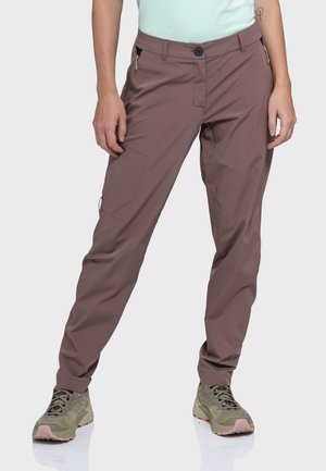 Braune, leichte Hose mit schmaler Passform. Zu den Merkmalen gehören eine Reißverschlusstasche, ein Knopfverschluss und ein elastischer Bund für Flexibilität.