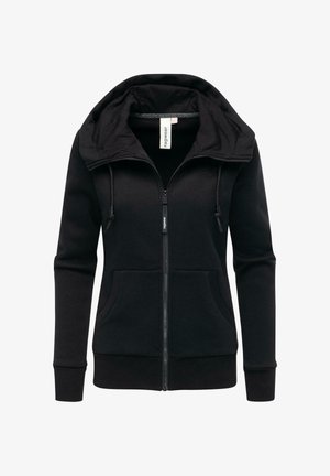 Felpa nera con zip, dotata di un ampio cappuccio a doppio strato, tasche frontali e dettagli con cordoncini. Tessuto morbido con una superficie liscia.