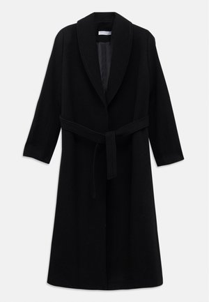 Long manteau en laine noir avec col châle et ceinture nouée à la taille, présenté à plat sur fond blanc.