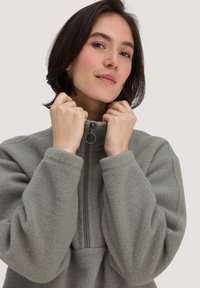 Helles grauer Fleece-Pullover mit hohem Kragen, halb natürlichem Reißverschluss und langen Ärmeln. Weiche Textur und lockere Passform mit sichtbaren Nähdetails.