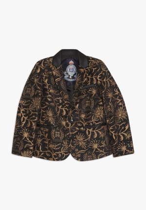 Blazer noir avec un motif floral doré, doté d'un col à revers cranté, d'une fermeture à un bouton et d'une poche poitrine.