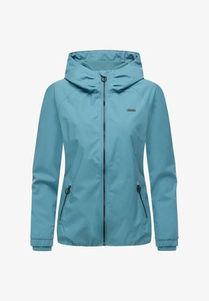 Lyseblå, vandafvisende jakke med hætte, frontlynlås og elastiske manchetter. Har to sidelommer og et enkelt design.