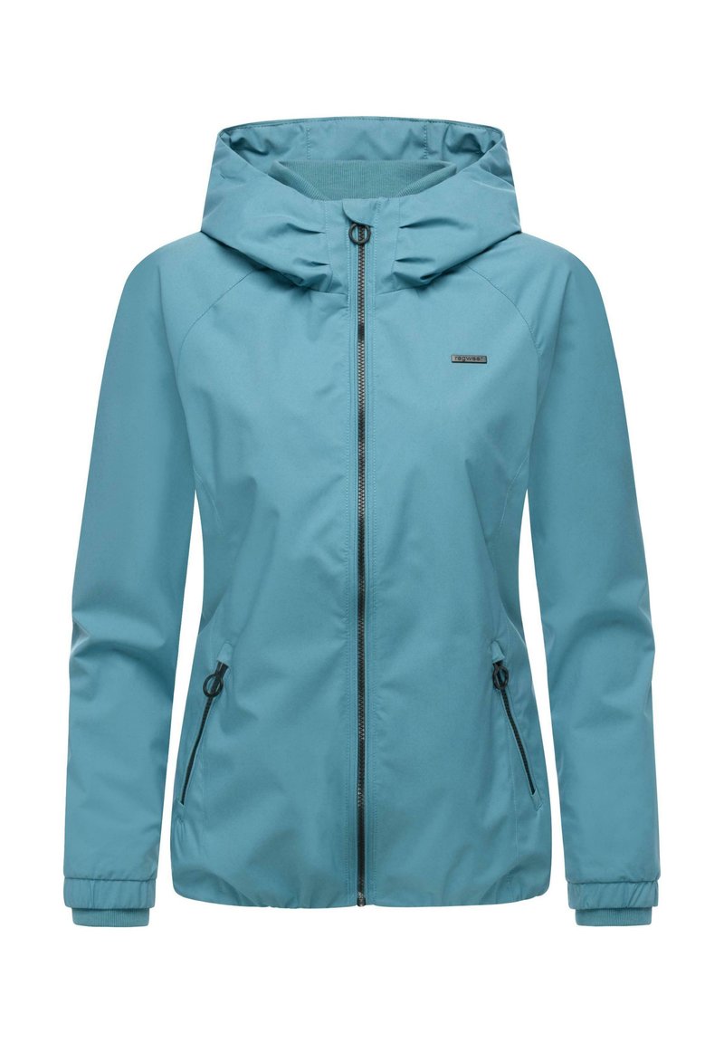 Lyseblå, vannavstøtende jakke med hette, frontglidelås og elastiske mansjetter. Har to sidelommer og et enkelt design.