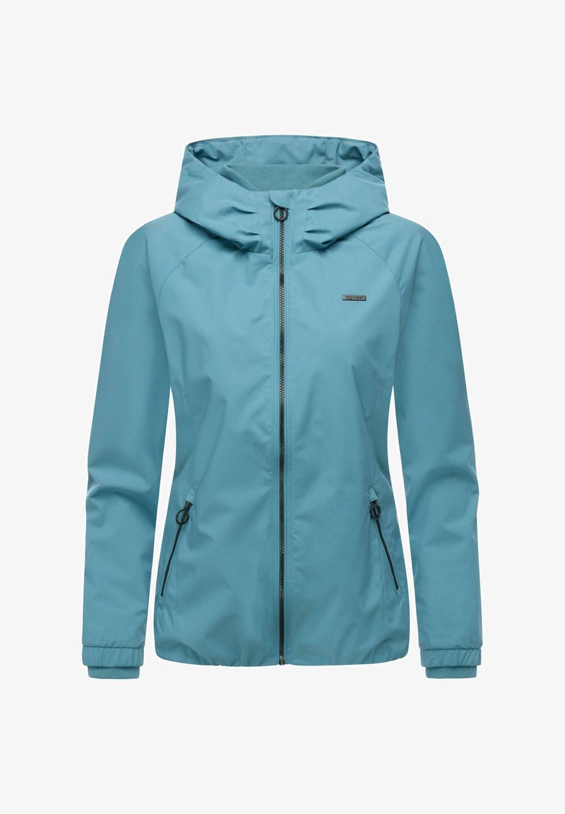 Lyseblå, vannavstøtende jakke med hette, frontglidelås og elastiske mansjetter. Har to sidelommer og et enkelt design.