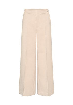 Beige wijde broek met een gepolijste pasvorm, voorpijpen en een platte tailleband voor een gestructureerde fit. Zachte, lichte stof.